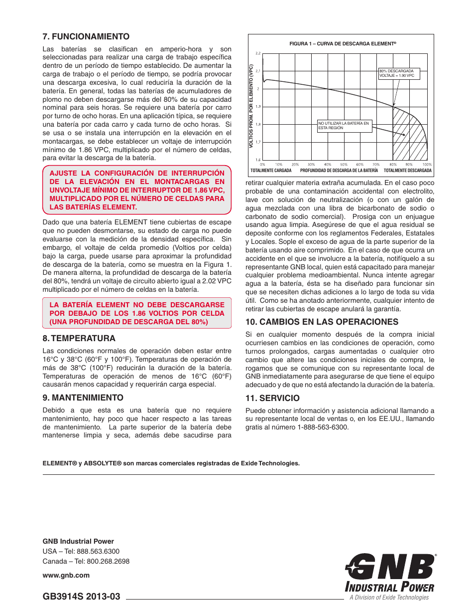 Gnb industrial power – the industry leader, Funcionamiento, Temperatura | Mantenimiento, Cambios en las operaciones, Servicio | Exide Technologies GB3914S User Manual | Page 2 / 2