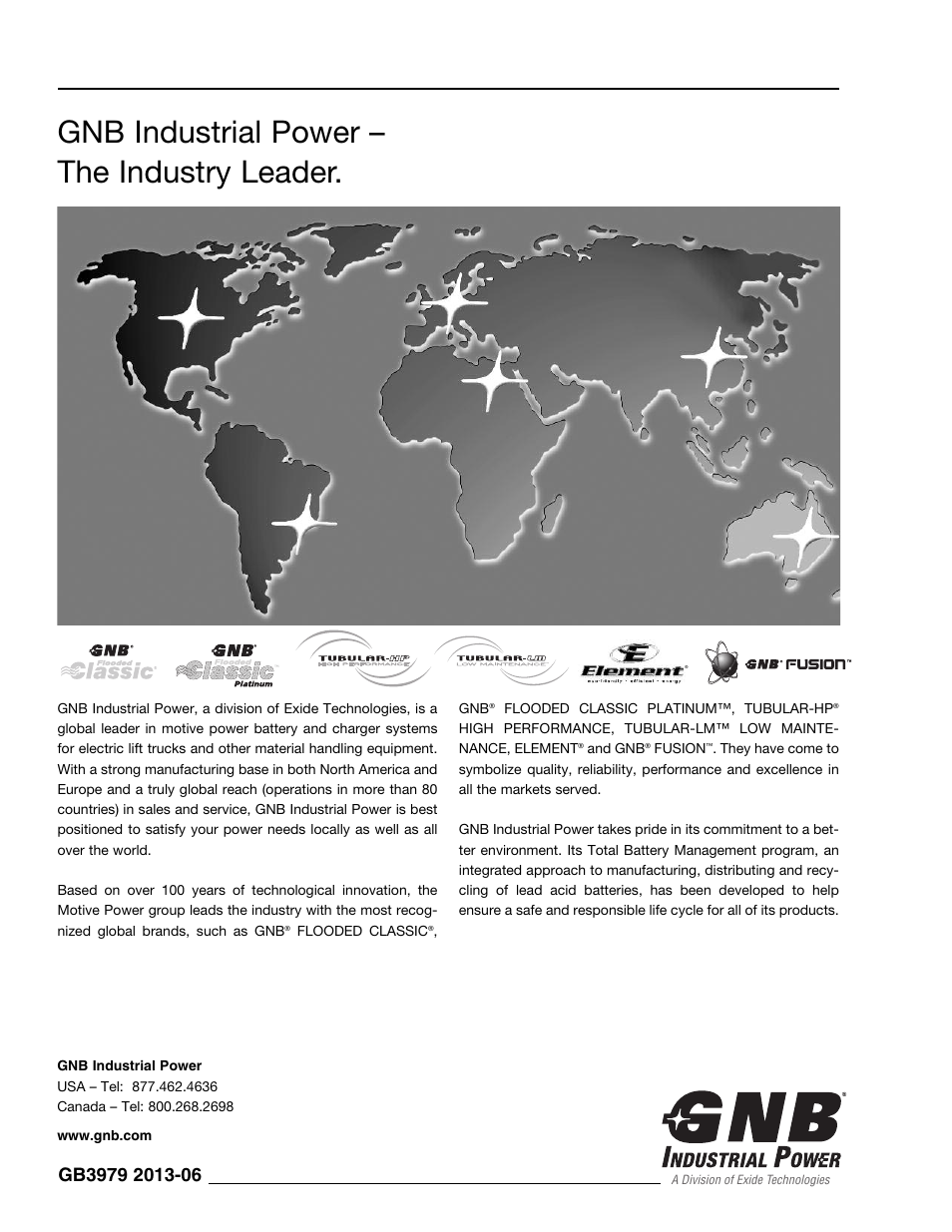 Gnb industrial power – the industry leader | Exide Technologies GB3979 User Manual | Page 7 / 7