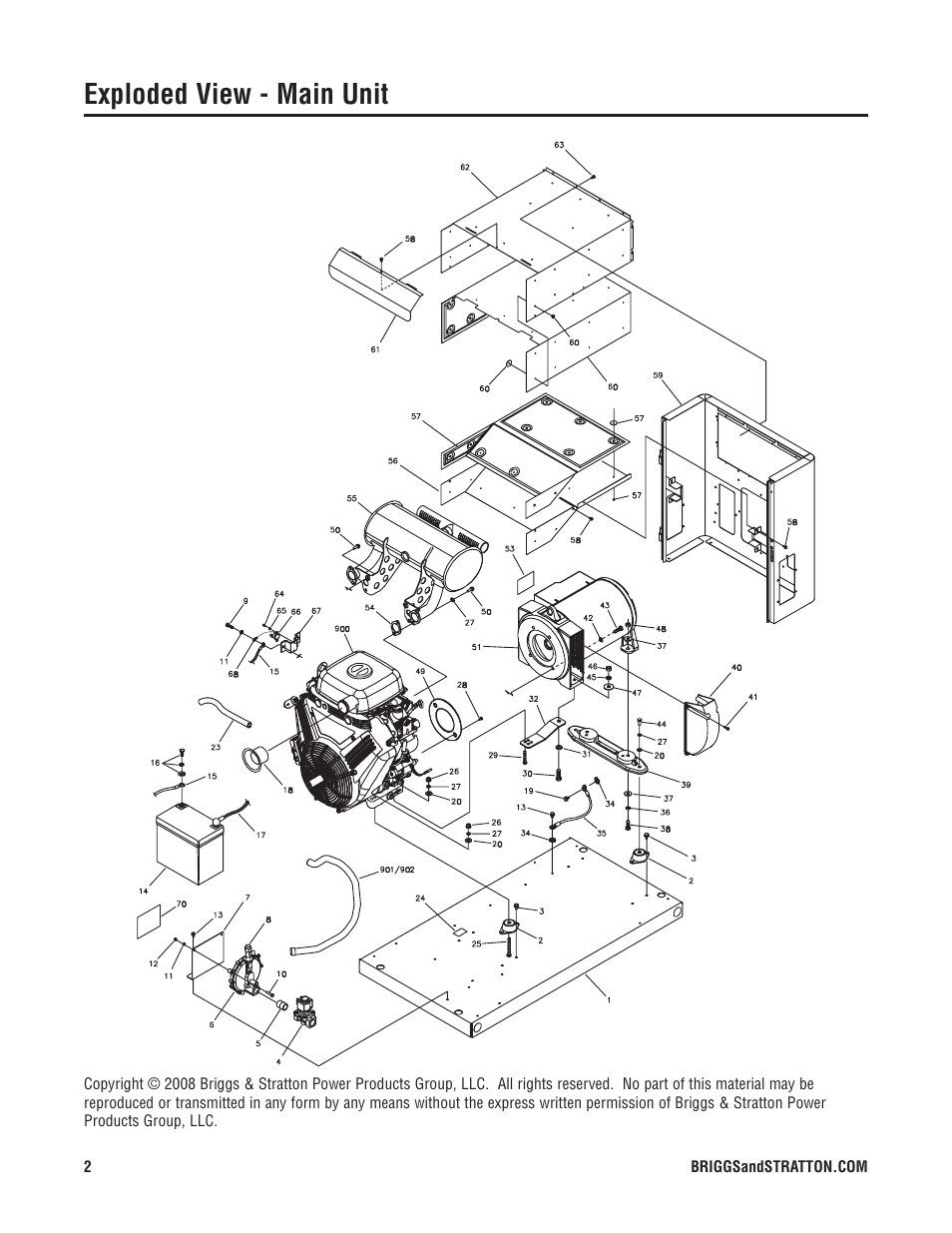 Exploded view - main unit | Briggs & Stratton 040210-1 User Manual | Page 2 / 7
