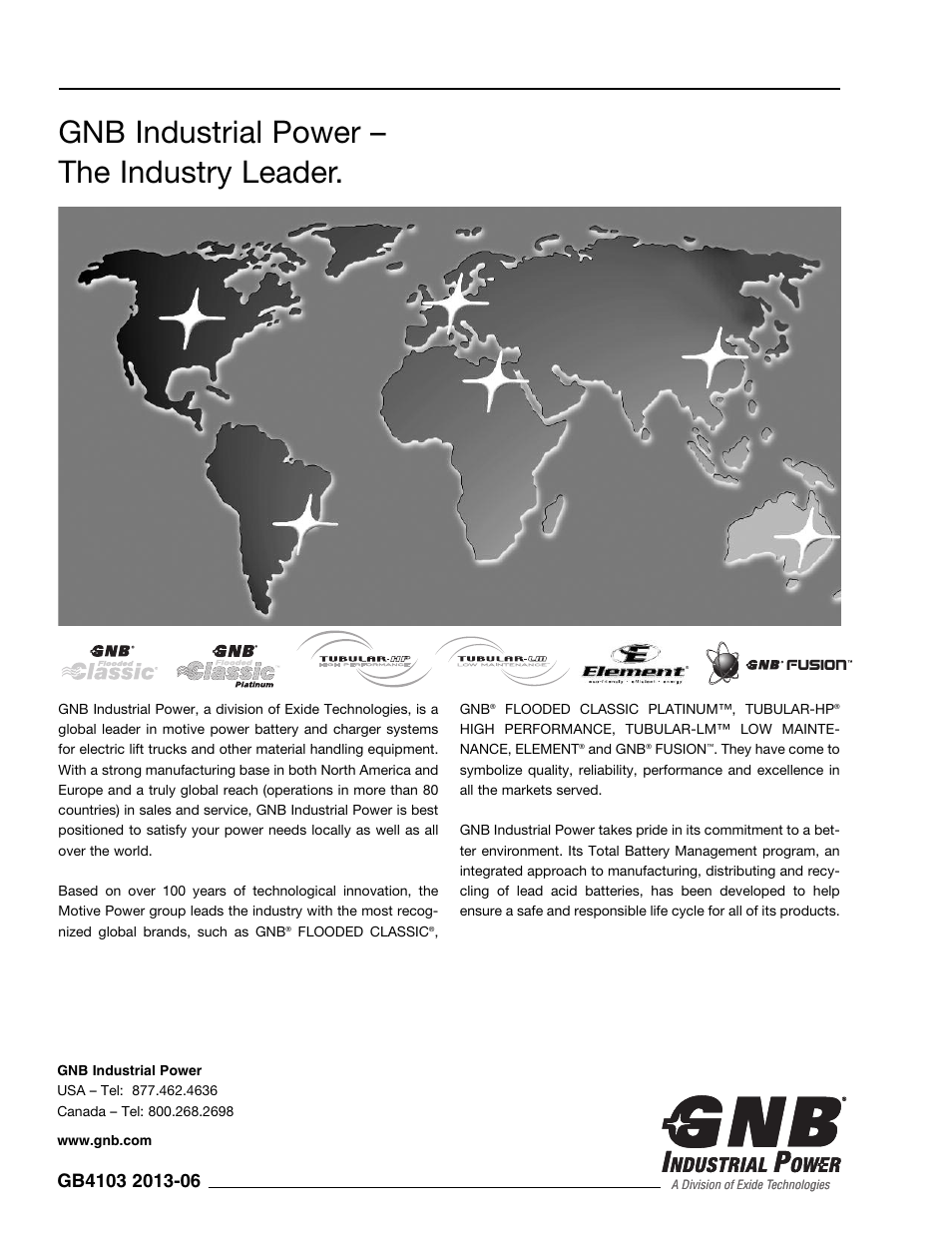 Gnb industrial power – the industry leader | Exide Technologies GB4103 User Manual | Page 4 / 4