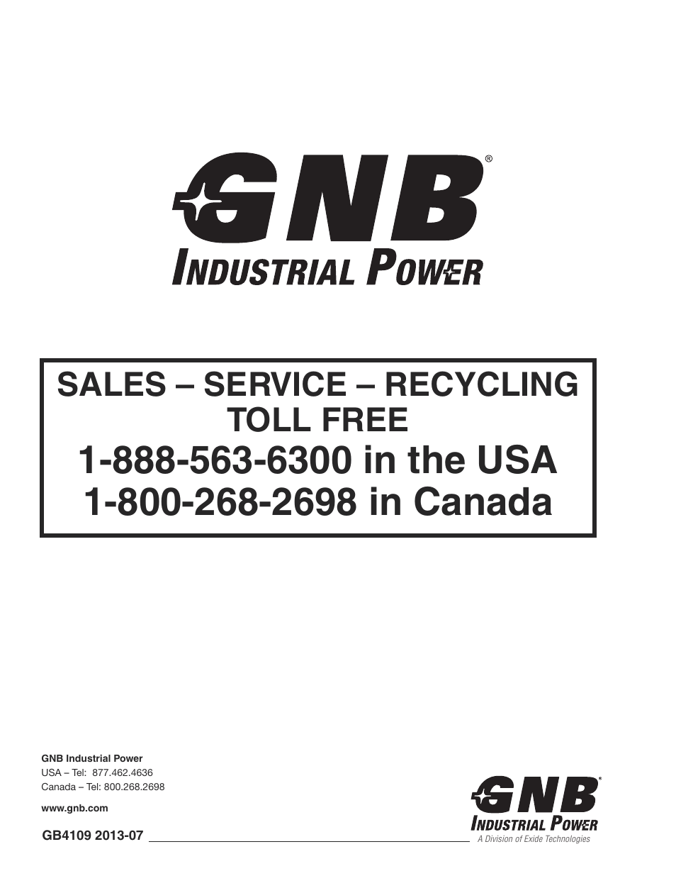 Sales – service – recycling toll free | Exide Technologies GB4109 User Manual | Page 32 / 32