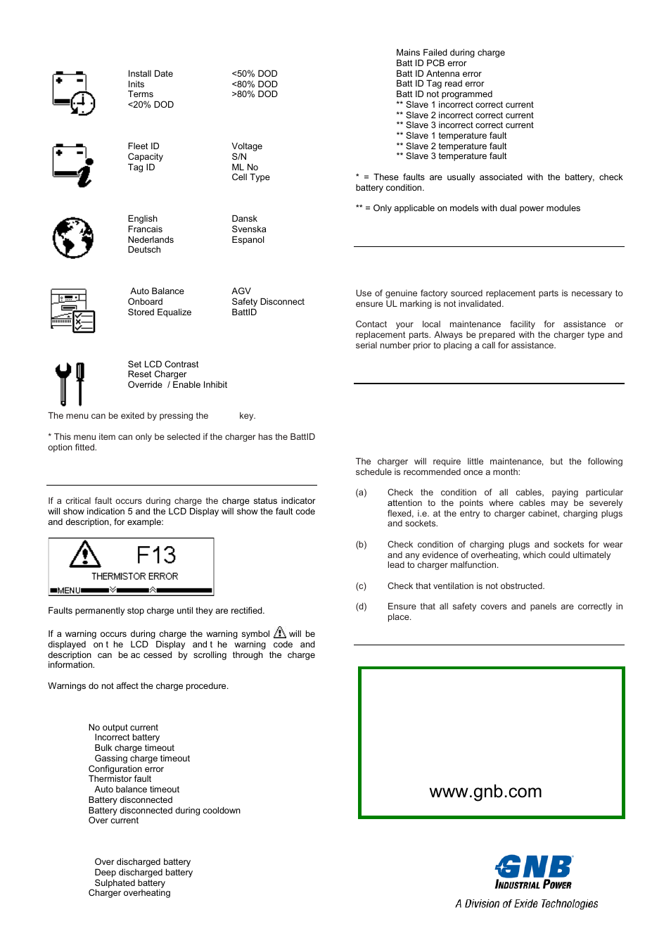 Faults / warnings, Repair, Maintenance | Exide Technologies GB4139 User Manual | Page 3 / 6