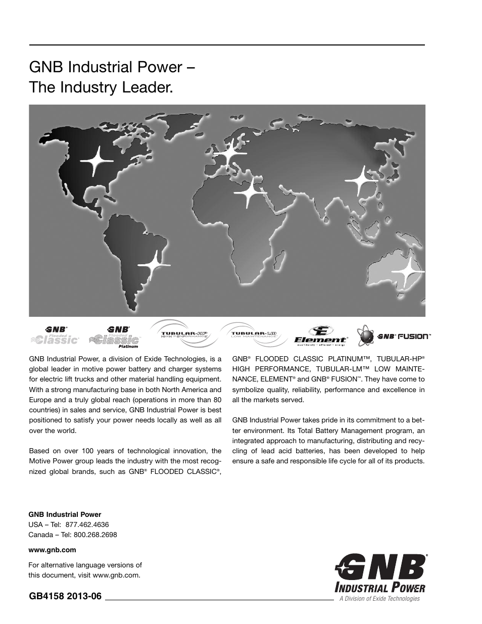 Gnb industrial power – the industry leader | Exide Technologies GB4158 User Manual | Page 8 / 8