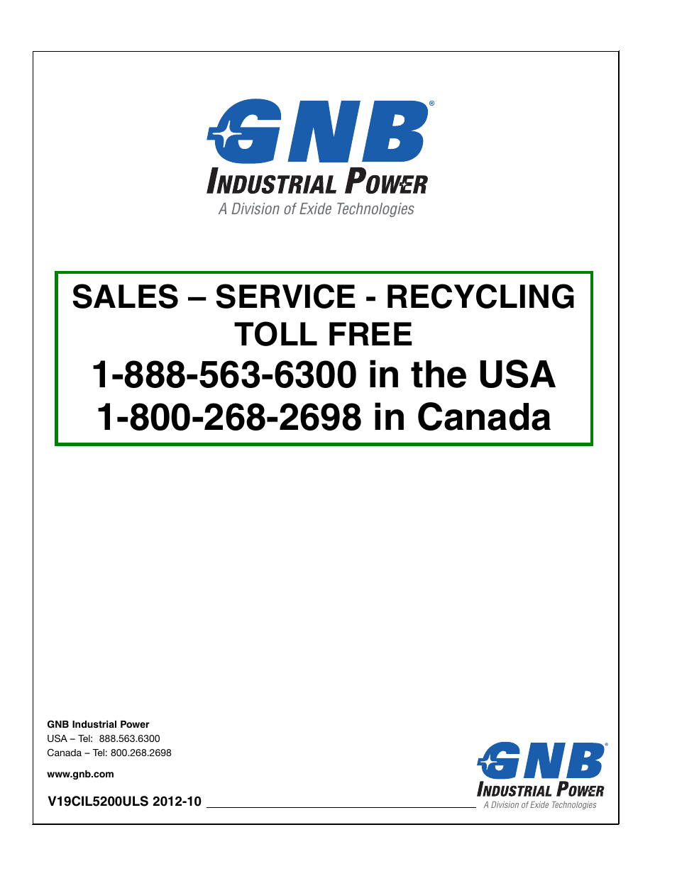 Sales – service - recycling toll free | Exide Technologies V19CIL5200ULS User Manual | Page 28 / 28