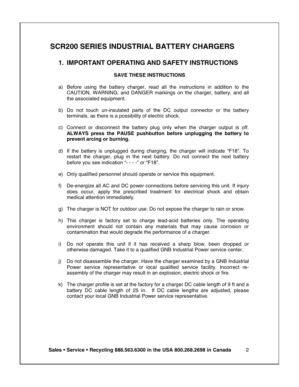 Scr200 series industrial battery chargers, Important operating and safety instructions | Exide Technologies V19CIL5200ULS User Manual | Page 3 / 28