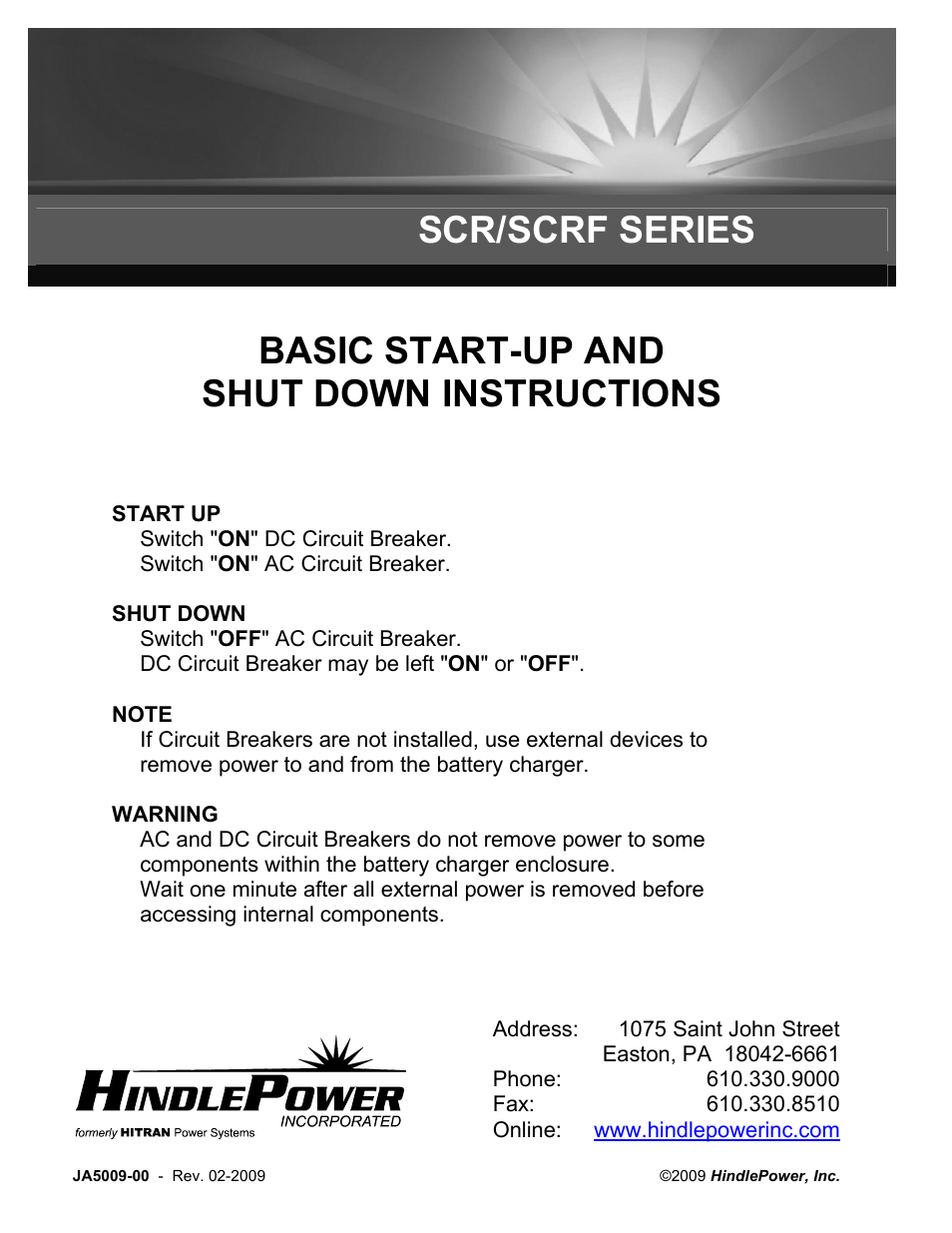 Scr/scrf series, Basic start-up and shut down instructions | Exide Technologies JA5009-00 User Manual | Page 68 / 68