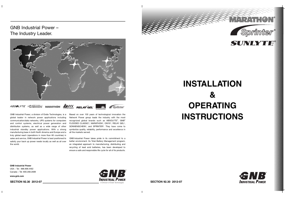 Installation & operating instructions, Gnb industrial power – the industry leader | Exide Technologies Section 92.30 User Manual | Page 18 / 18