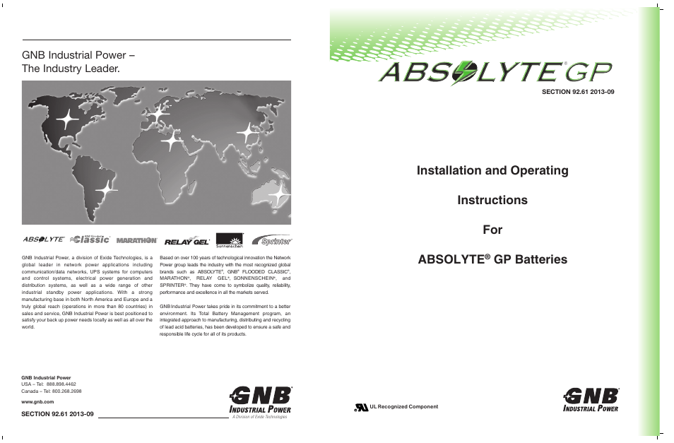 Gp batteries, Gnb industrial power – the industry leader | Exide Technologies Section 92.61 User Manual | Page 32 / 32