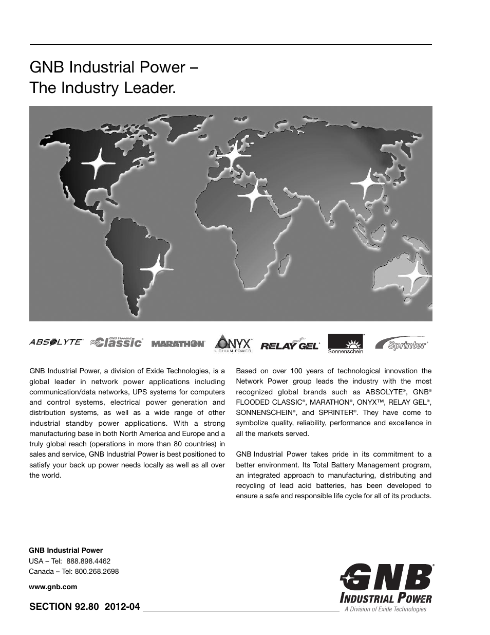 Gnb industrial power – the industry leader | Exide Technologies Section 92.80 User Manual | Page 28 / 28