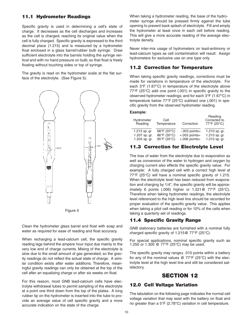 1 hydrometer readings, 2 correction for temperature, 3 correction for electrolyte level | 4 specific gravity range, 0 cell voltage variation | Exide Technologies Section 93.10 User Manual | Page 13 / 20