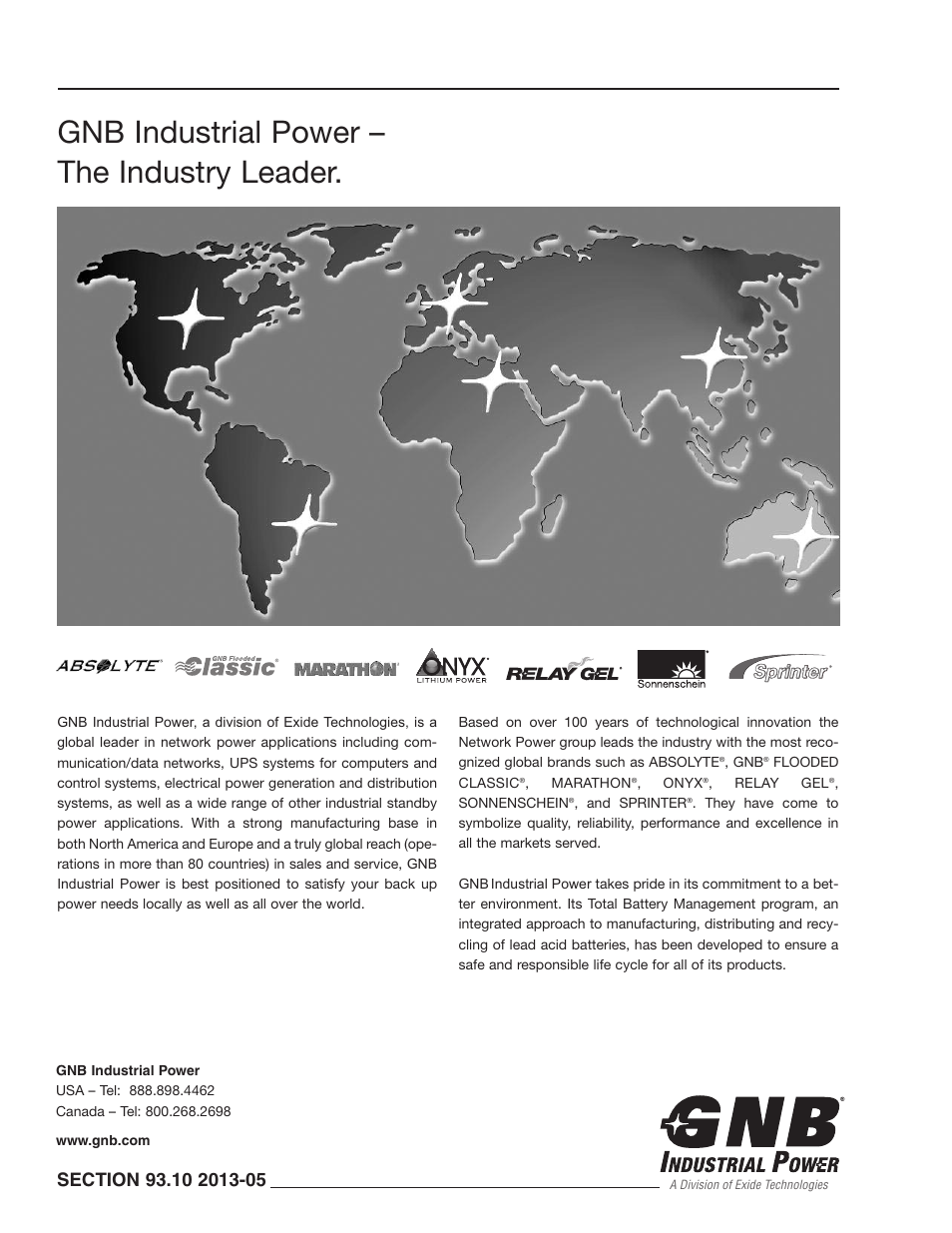 Gnb industrial power – the industry leader | Exide Technologies Section 93.10 User Manual | Page 20 / 20