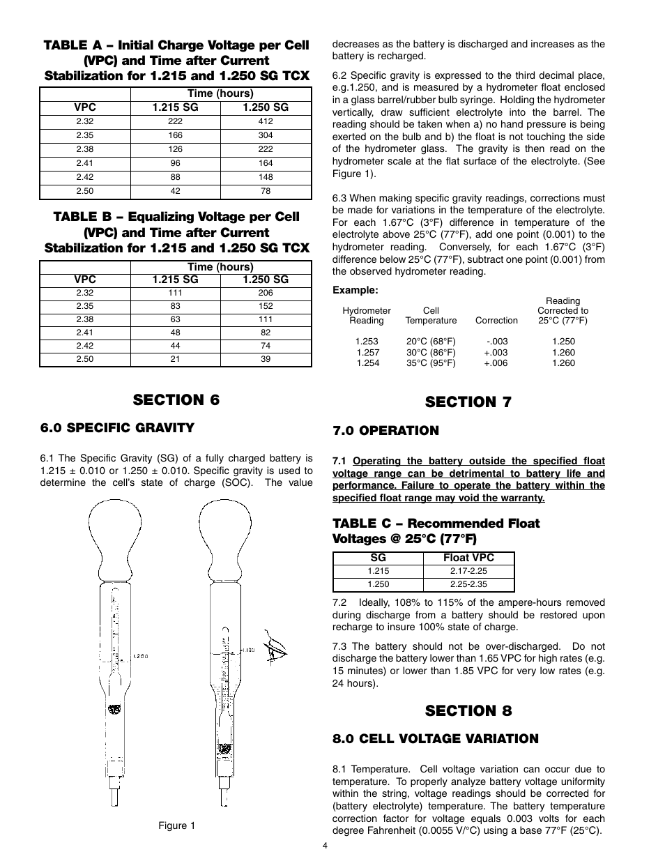 0 specific gravity, 0 operation, Table c – recommended float voltages @ 25°c (77°f) | 0 cell voltage variation | Exide Technologies Section 93.10T User Manual | Page 6 / 11