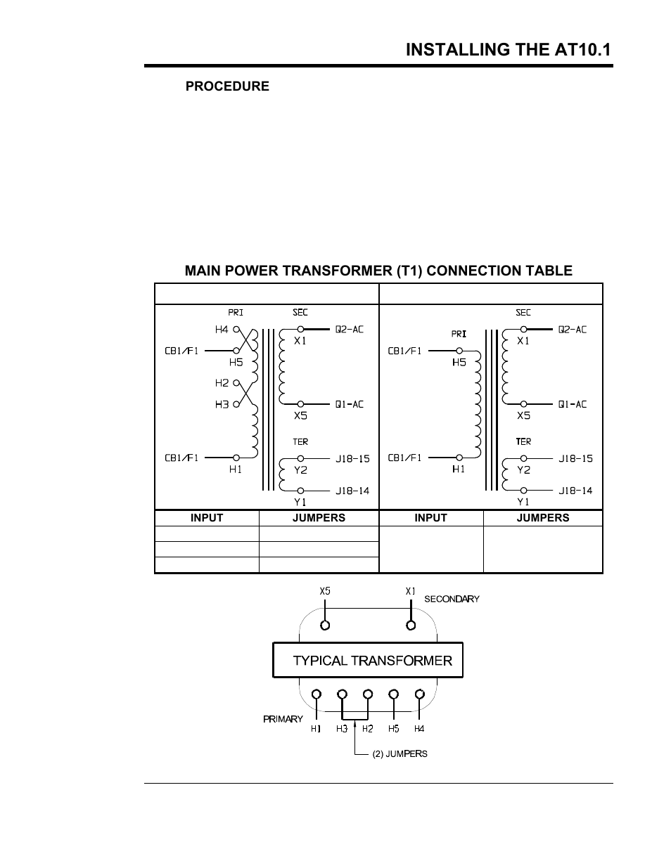 Installing the at10.1, Main power transformer (t1) connection table | Exide Technologies Section 94.30 User Manual | Page 15 / 100