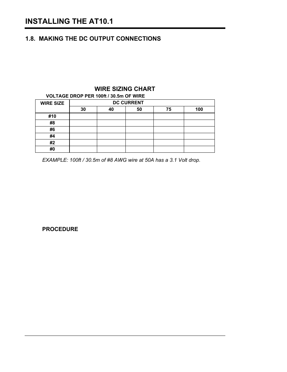 Installing the at10.1, Wire sizing chart | Exide Technologies Section 94.30 User Manual | Page 18 / 100