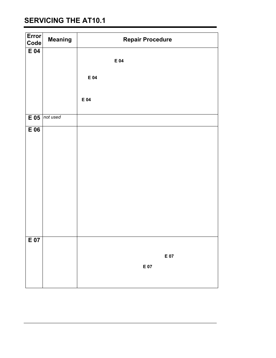 Servicing the at10.1, Error code meaning repair procedure e 04, E 05 | E 06, E 07 | Exide Technologies Section 94.30 User Manual | Page 50 / 100
