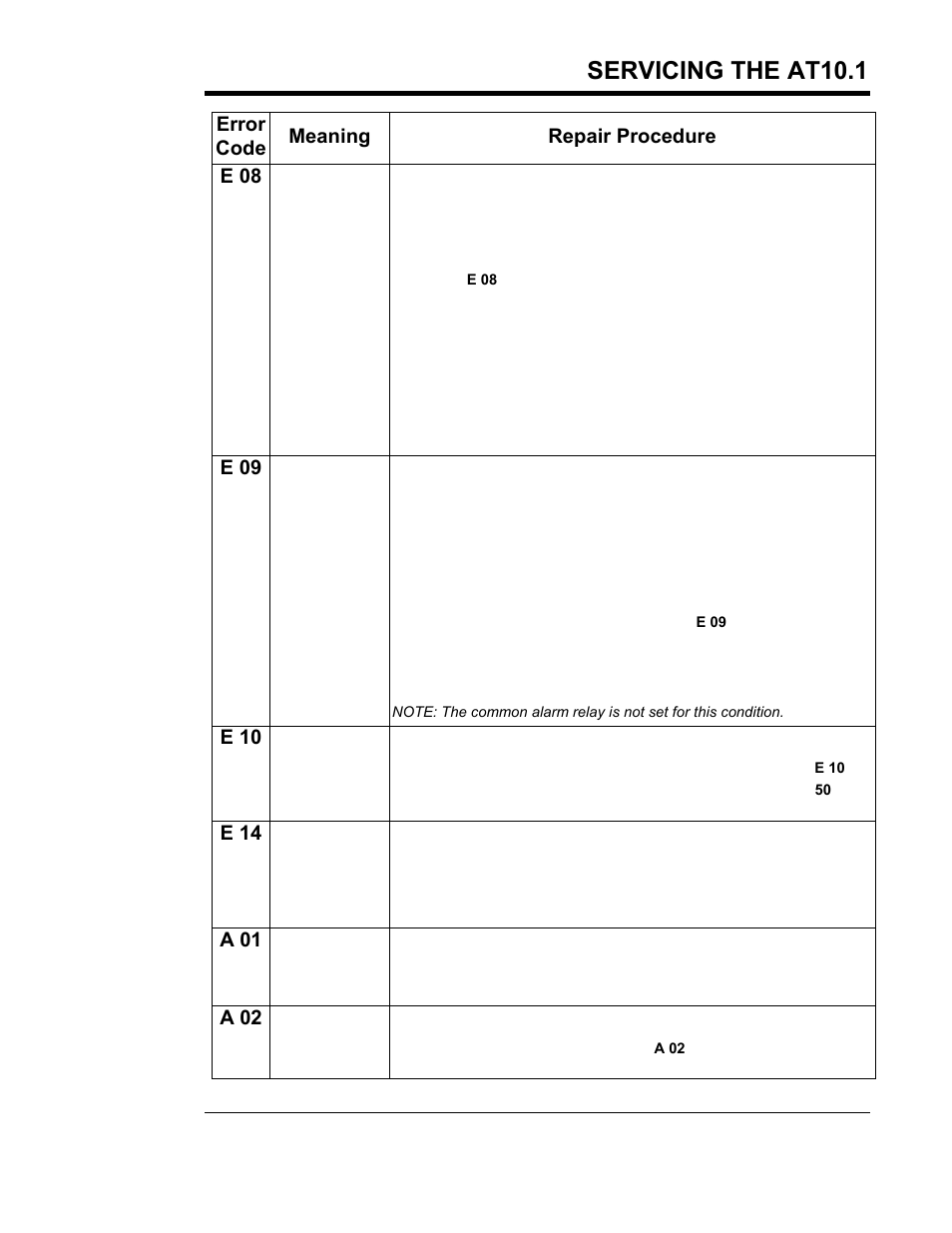 Servicing the at10.1, Error code meaning repair procedure e 08, E 09 | E 10, E 14, A 01, A 02 | Exide Technologies Section 94.30 User Manual | Page 51 / 100