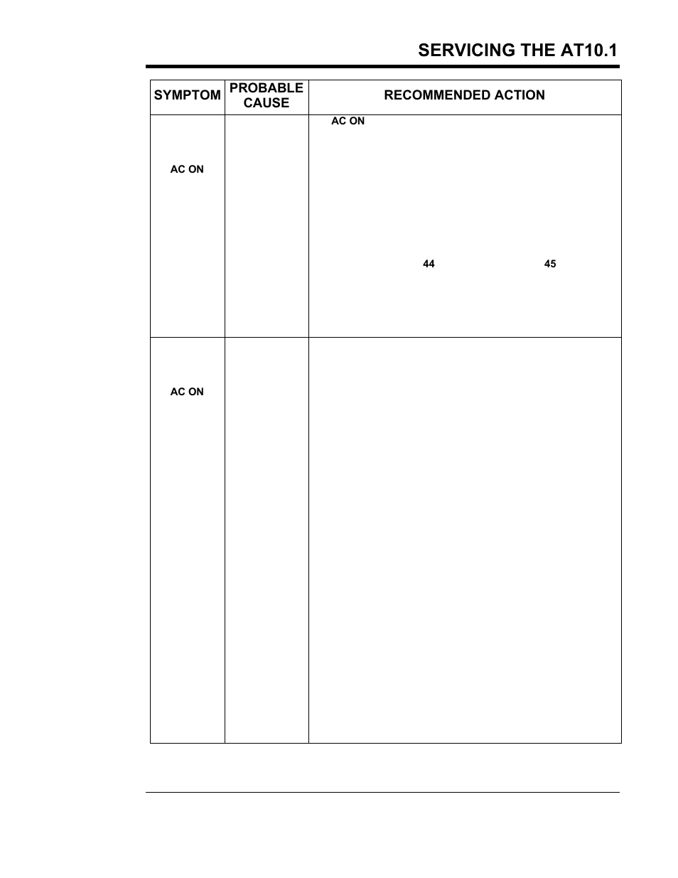 Servicing the at10.1, Symptom probable cause recommended action | Exide Technologies Section 94.30 User Manual | Page 55 / 100