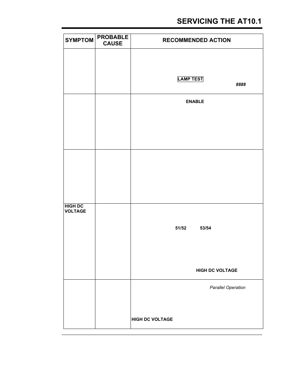 Servicing the at10.1, Symptom probable cause recommended action | Exide Technologies Section 94.30 User Manual | Page 59 / 100