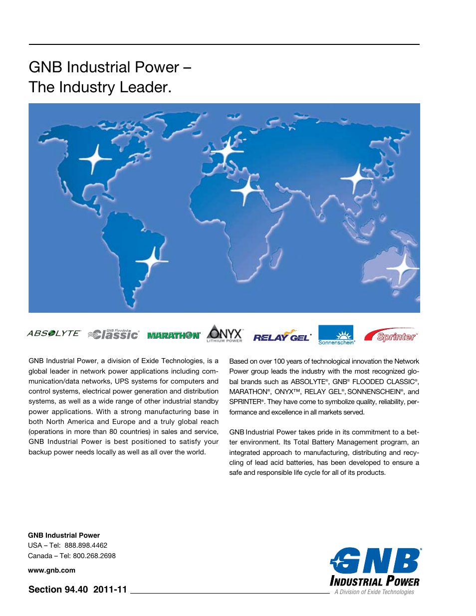 Gnb industrial power – the industry leader | Exide Technologies Section 94.40 User Manual | Page 100 / 100