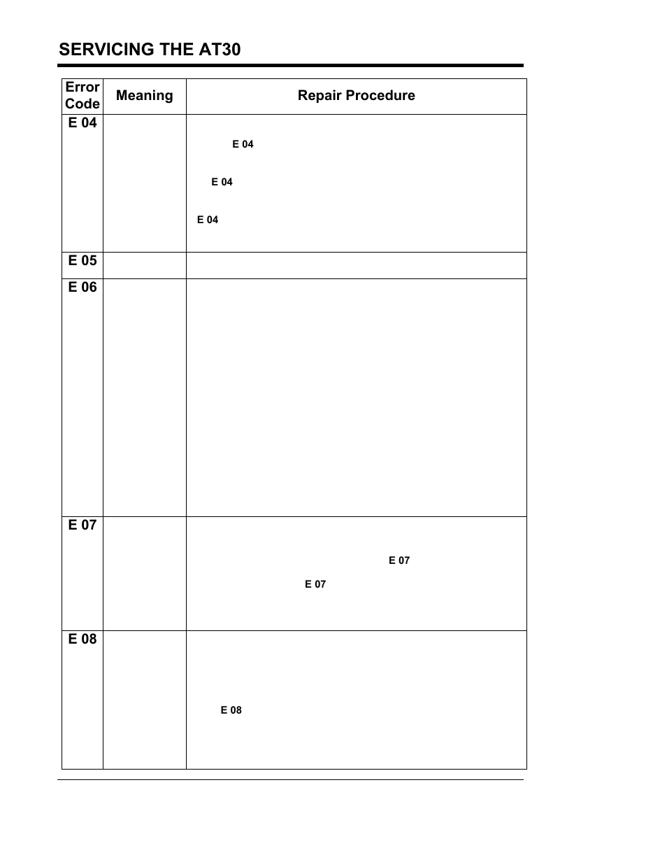 Servicing the at30, Error code meaning repair procedure e 04, E 05 | E 06, E 07, E 08 | Exide Technologies Section 94.40 User Manual | Page 50 / 100