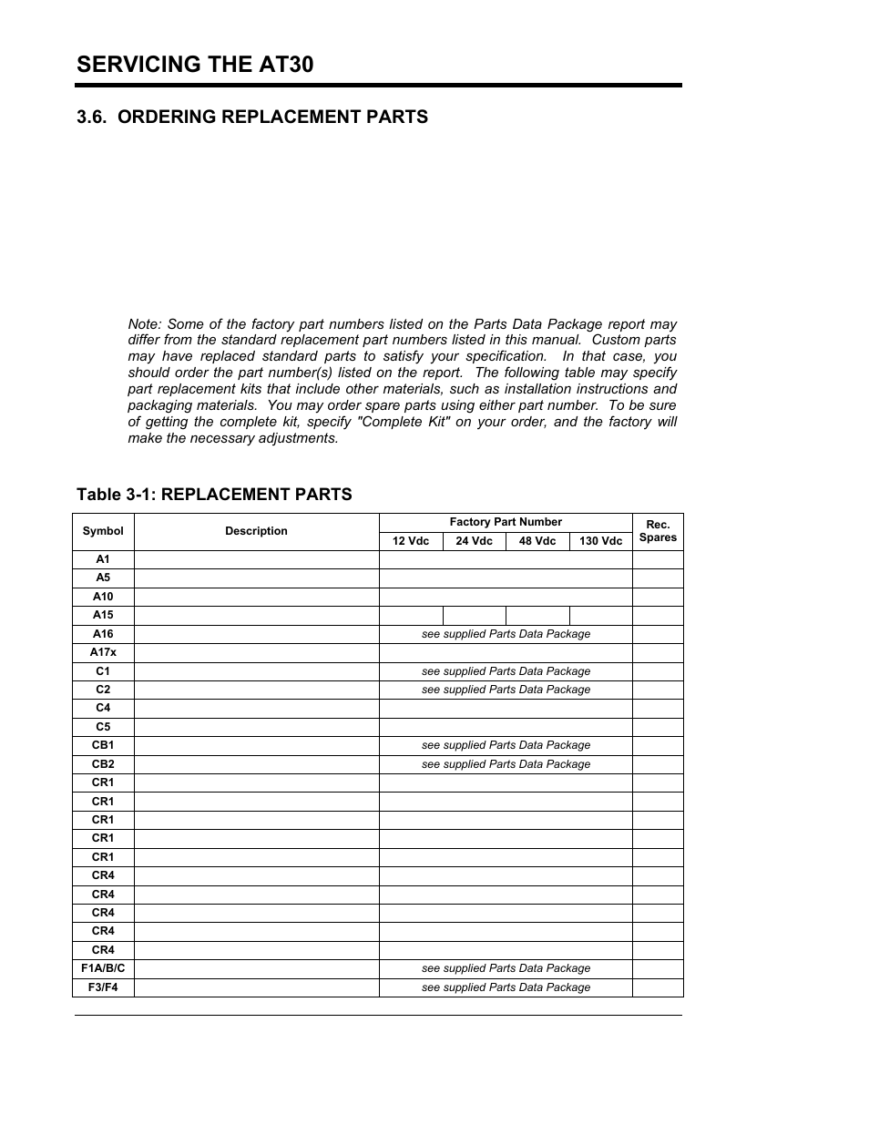 Servicing the at30, Refer to the table below for the most common items, Table 3-1: replacement parts | Exide Technologies Section 94.40 User Manual | Page 66 / 100