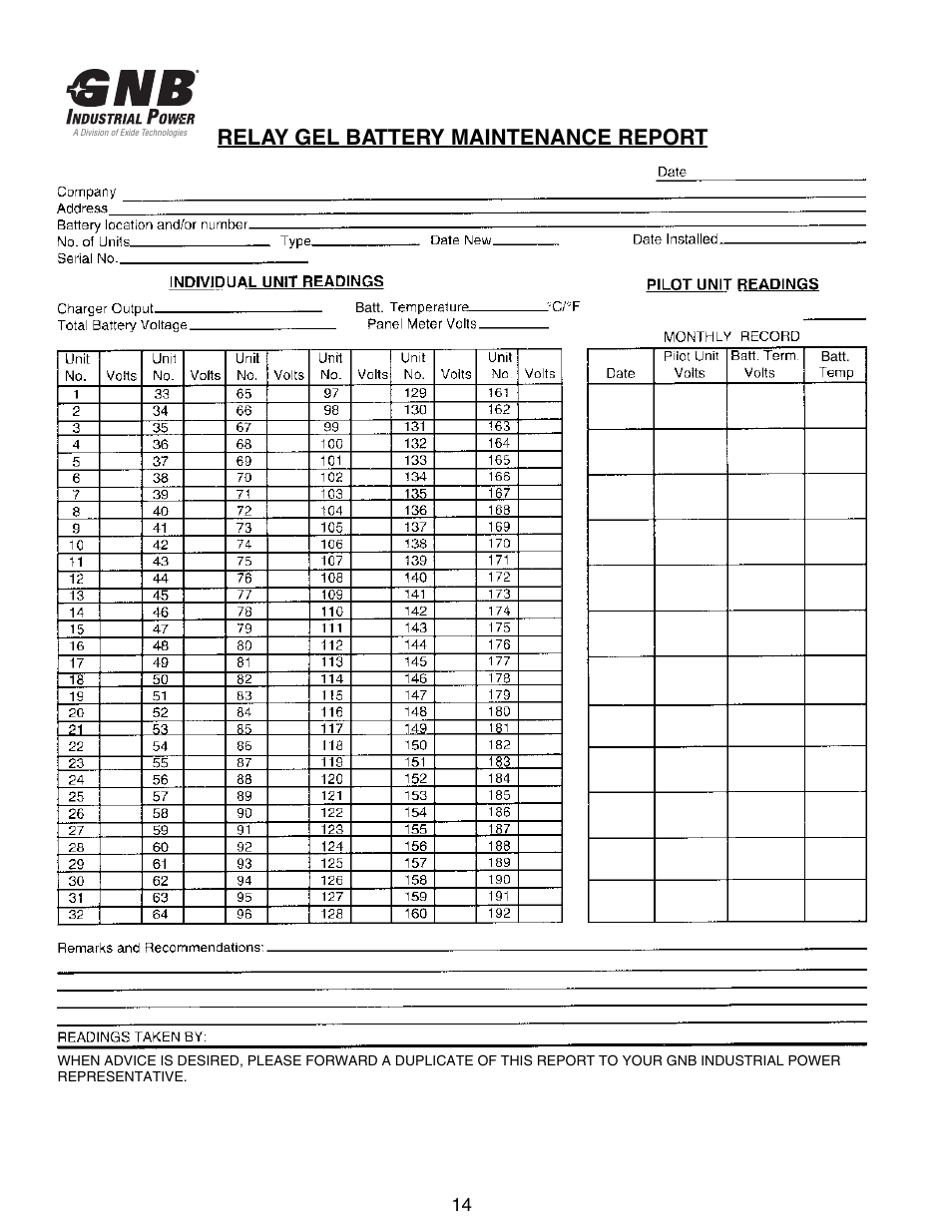 Relay gel battery maintenance report | Exide Technologies Section 95.10 User Manual | Page 17 / 18