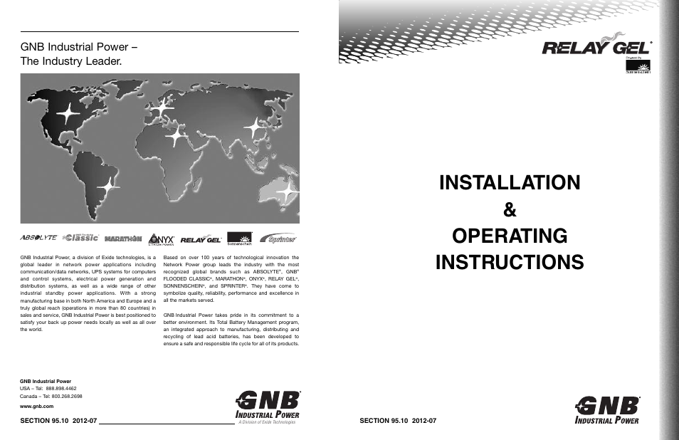 Installation & operating instructions, Gnb industrial power – the industry leader | Exide Technologies Section 95.10 User Manual | Page 18 / 18