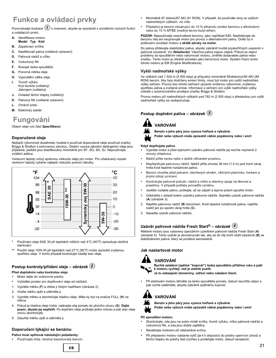 Funkce a ovládací prvky, Fungování, F °c | 21 cs | Briggs & Stratton DOV 100000 User Manual | Page 21 / 92