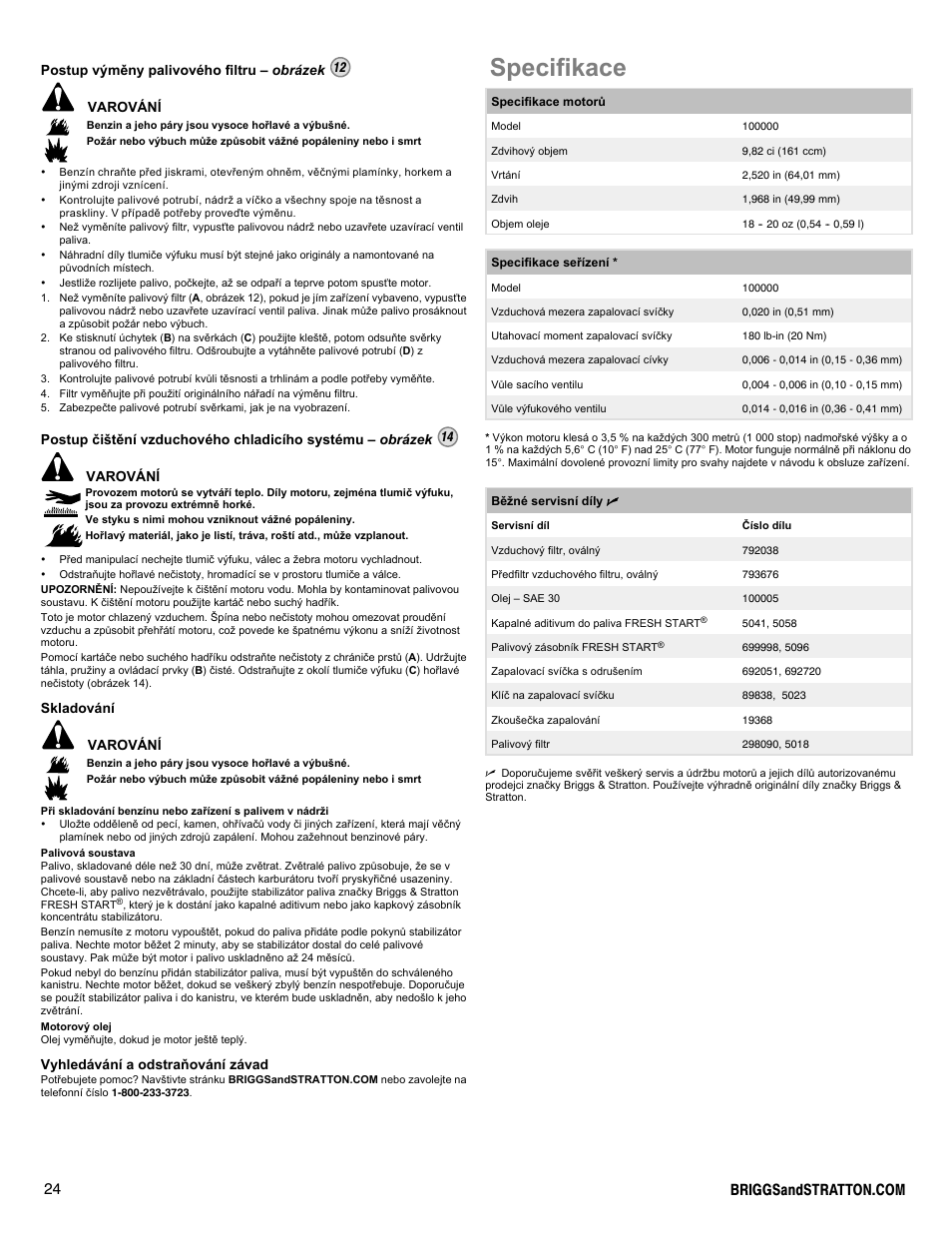 Specifikace, Varování, Skladování varování | Vyhledávání a odstraòování závad | Briggs & Stratton DOV 100000 User Manual | Page 24 / 92