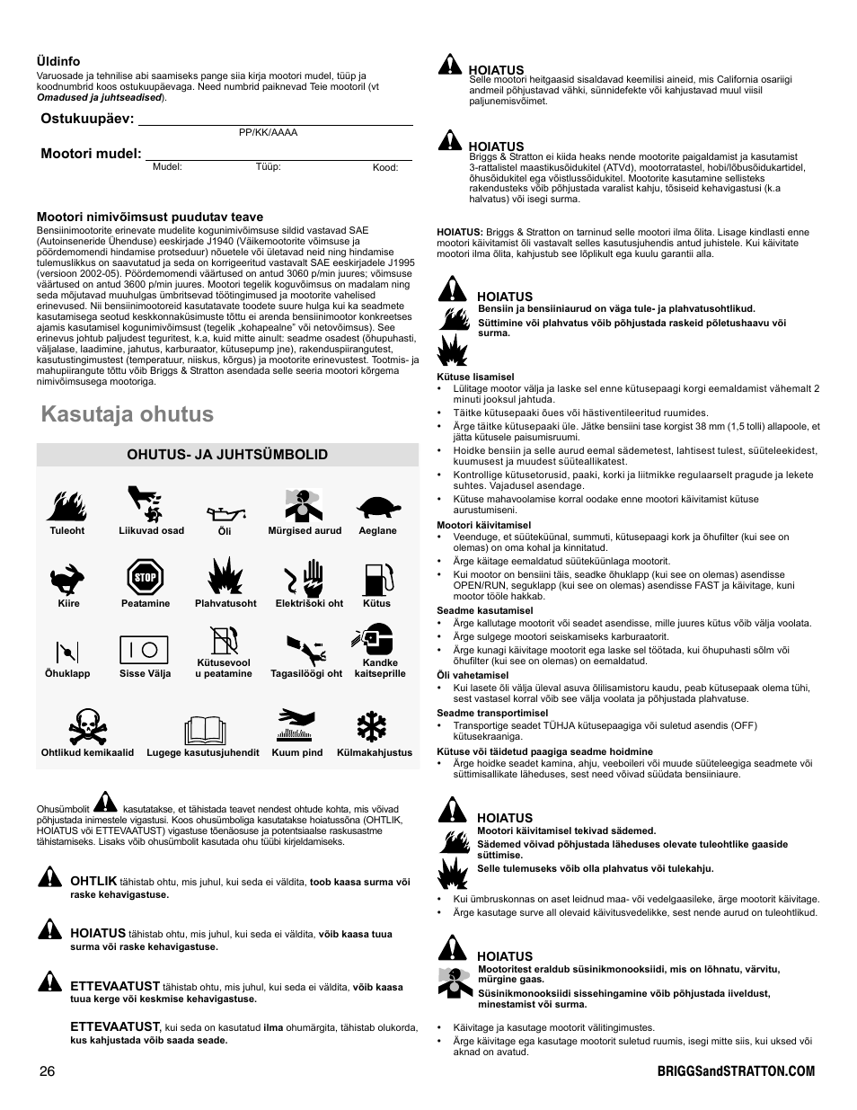 Kasutaja ohutus, Ostukuupäev: mootori mudel, Ohutus- ja juhtsümbolid | Briggs & Stratton DOV 100000 User Manual | Page 26 / 92