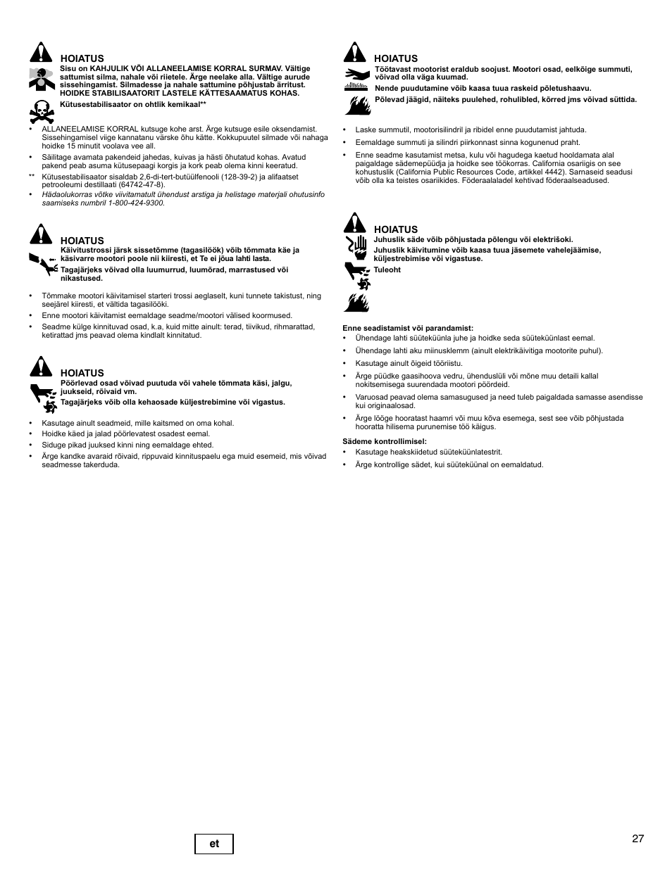 27 et, Hoiatus | Briggs & Stratton DOV 100000 User Manual | Page 27 / 92