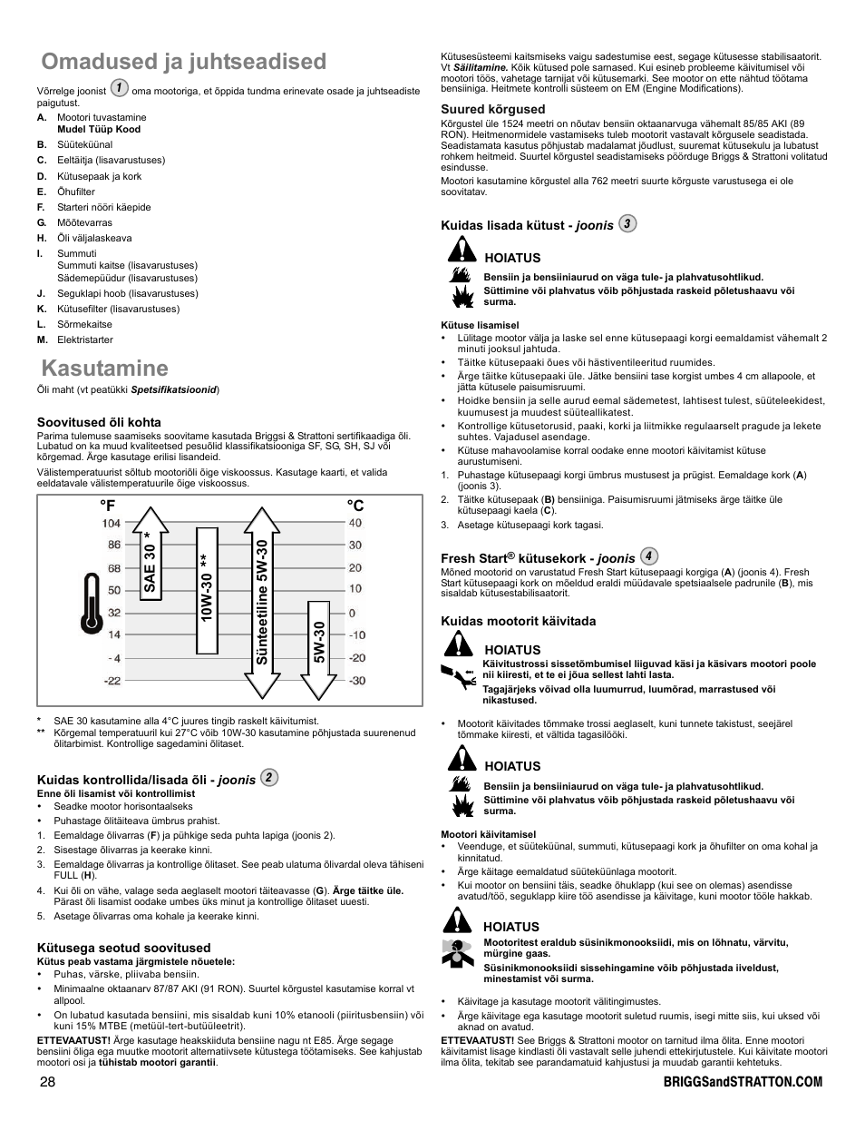 Omadused ja juhtseadised, Kasutamine, F °c | Briggs & Stratton DOV 100000 User Manual | Page 28 / 92