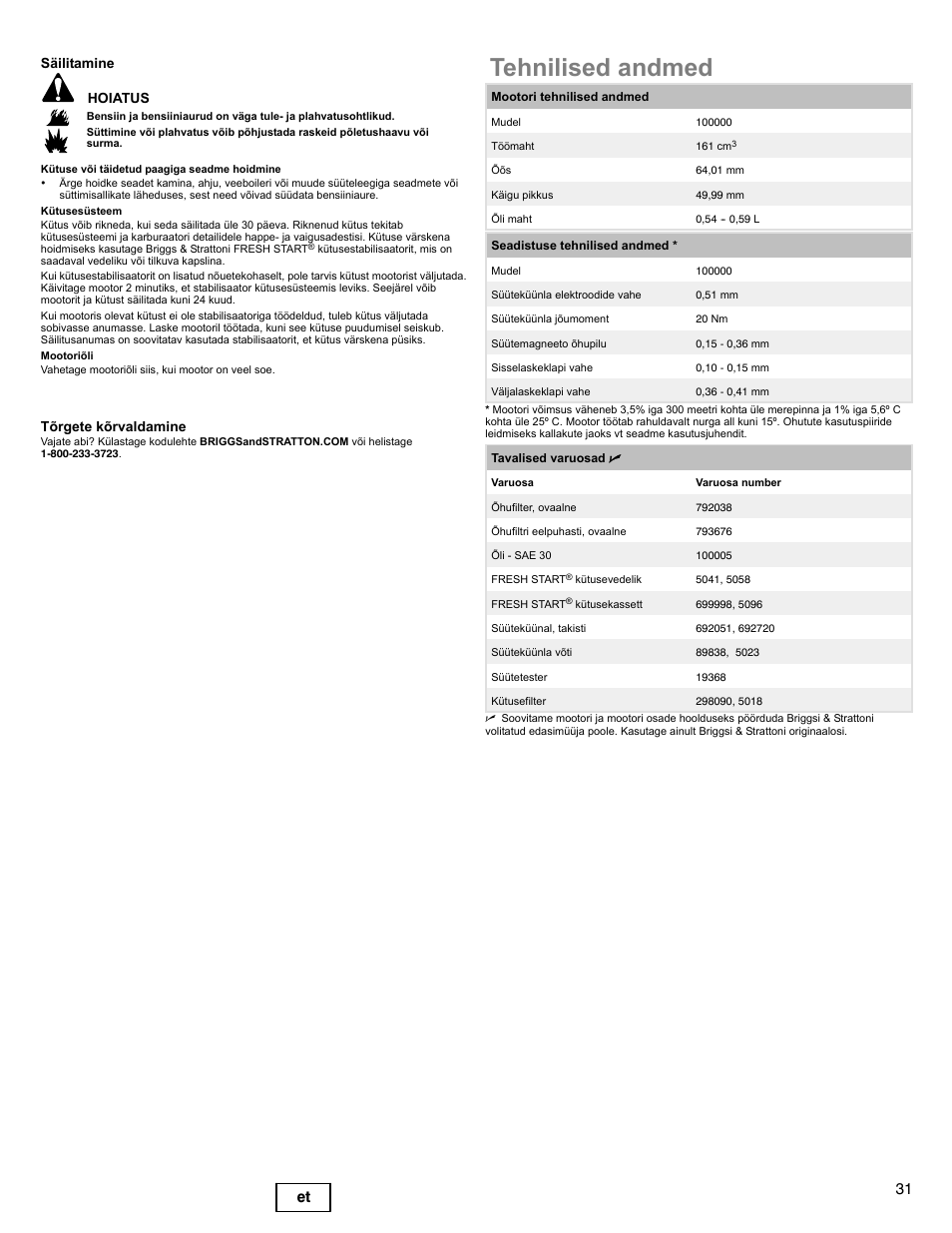 Tehnilised andmed, 31 et, Säilitamine hoiatus | Tõrgete kõrvaldamine | Briggs & Stratton DOV 100000 User Manual | Page 31 / 92
