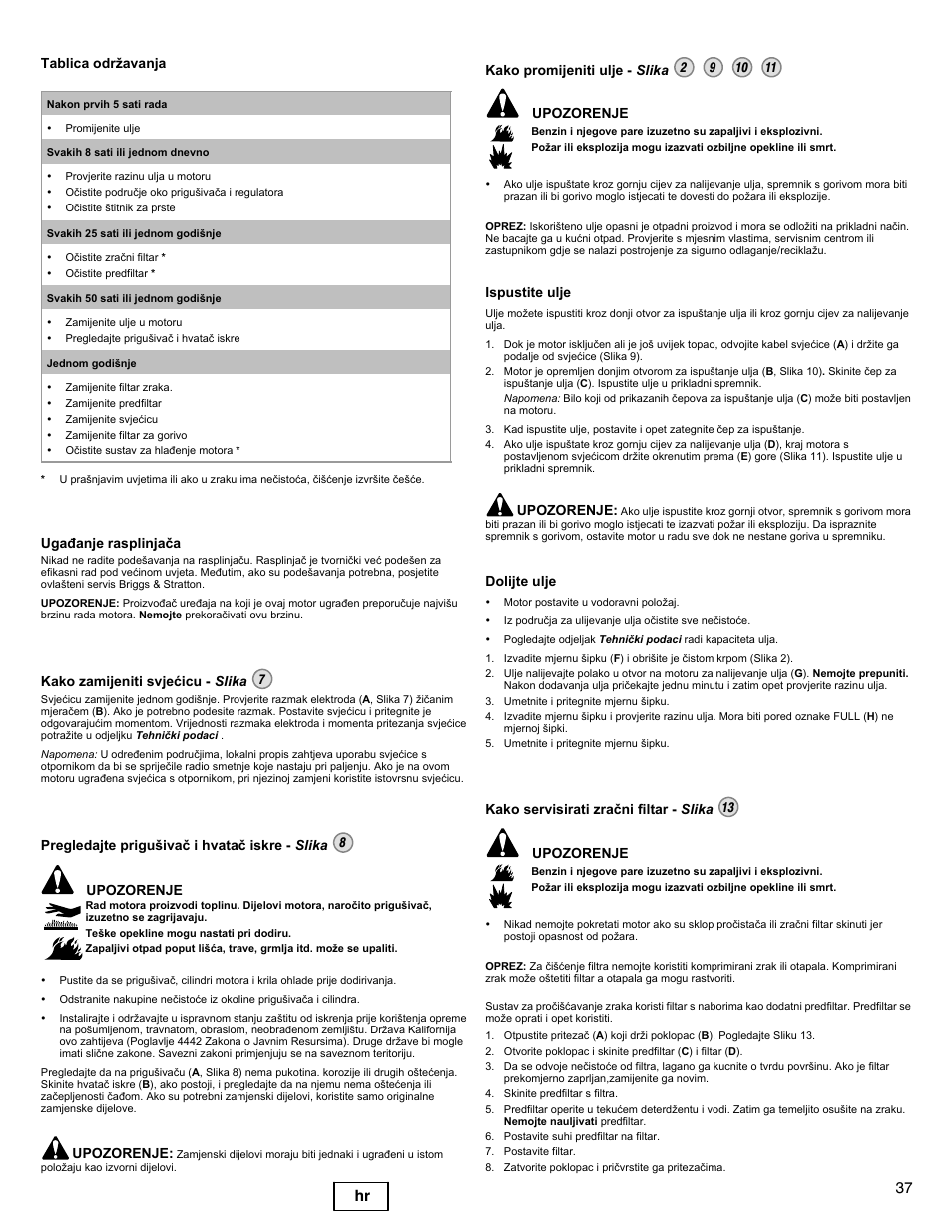 37 hr, Tablica održavanja, Ugaðanje rasplinjaèa | Kako zamijeniti svjeæicu - slika 7, Pregledajte prigušivaè i hvataè iskre - slika 8, Upozorenje, Ispustite ulje, Dolijte ulje | Briggs & Stratton DOV 100000 User Manual | Page 37 / 92