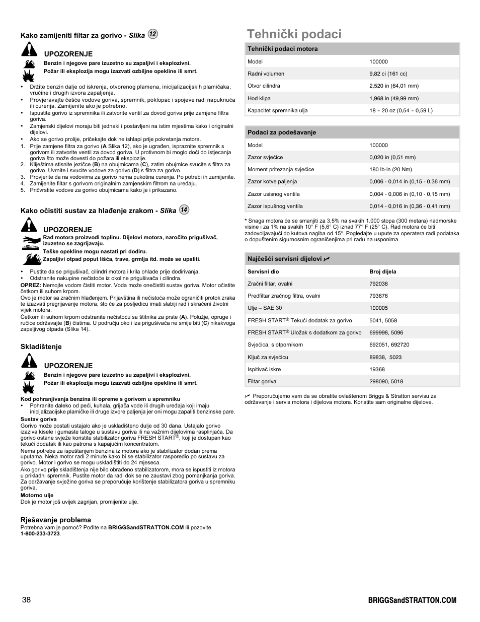 Tehnièki podaci, Kako oèistiti sustav za hlaðenje zrakom - slika 14, Upozorenje | Skladištenje upozorenje, Rješavanje problema | Briggs & Stratton DOV 100000 User Manual | Page 38 / 92