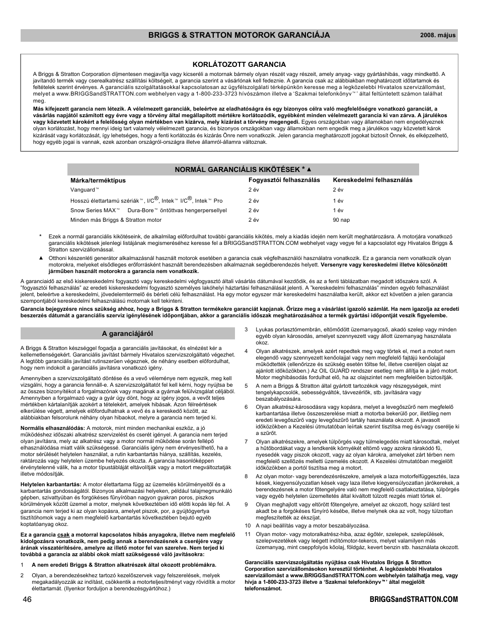 Korlátozott garancia normál garanciális kikötések, A garanciájáról | Briggs & Stratton DOV 100000 User Manual | Page 46 / 92