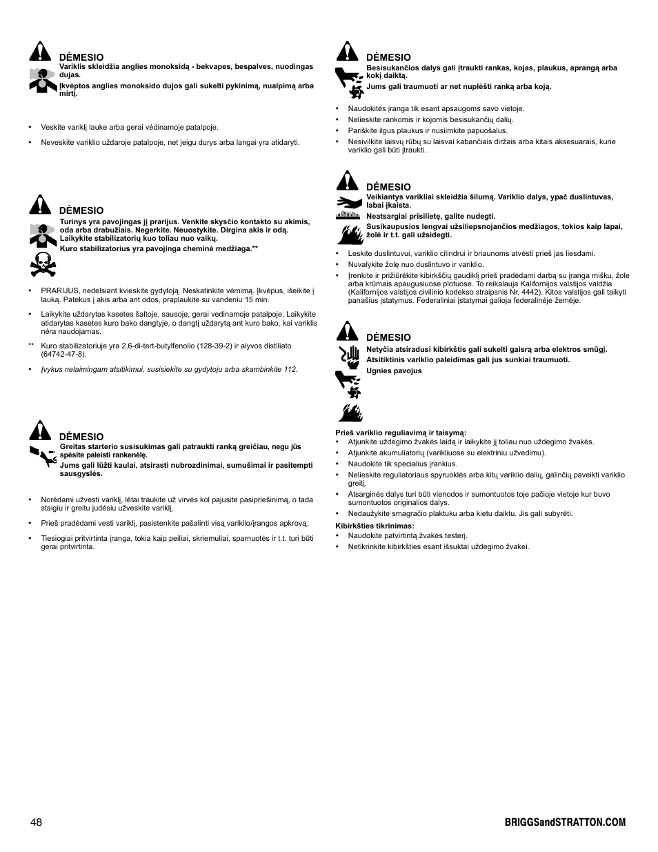 Dėmesio | Briggs & Stratton DOV 100000 User Manual | Page 48 / 92