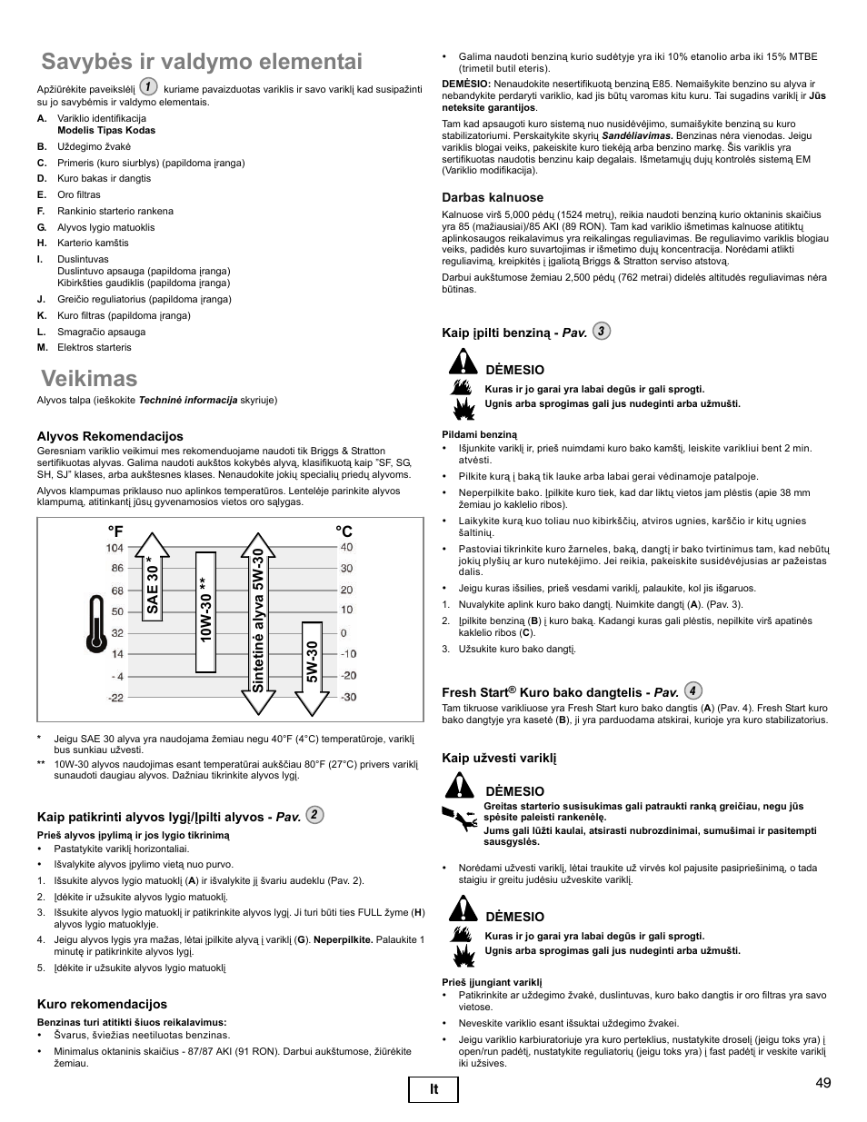 Savybės ir valdymo elementai, Veikimas, F °c | Briggs & Stratton DOV 100000 User Manual | Page 49 / 92