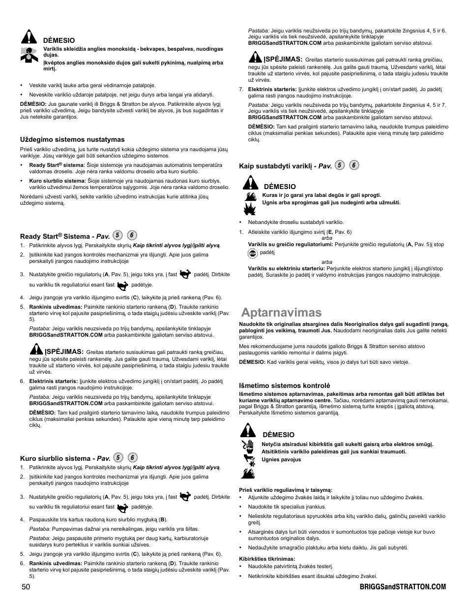 Aptarnavimas | Briggs & Stratton DOV 100000 User Manual | Page 50 / 92