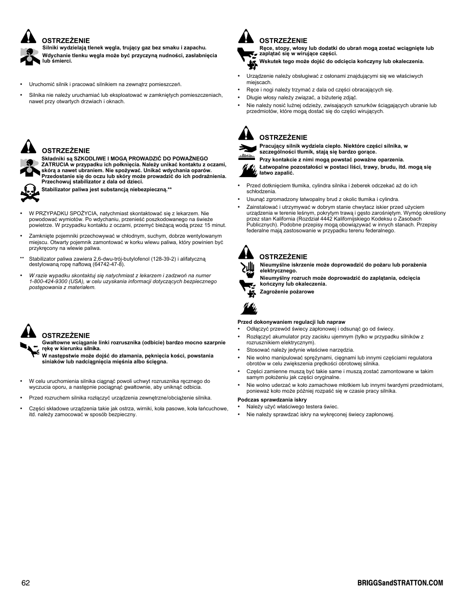 Ostrze¯enie | Briggs & Stratton DOV 100000 User Manual | Page 62 / 92