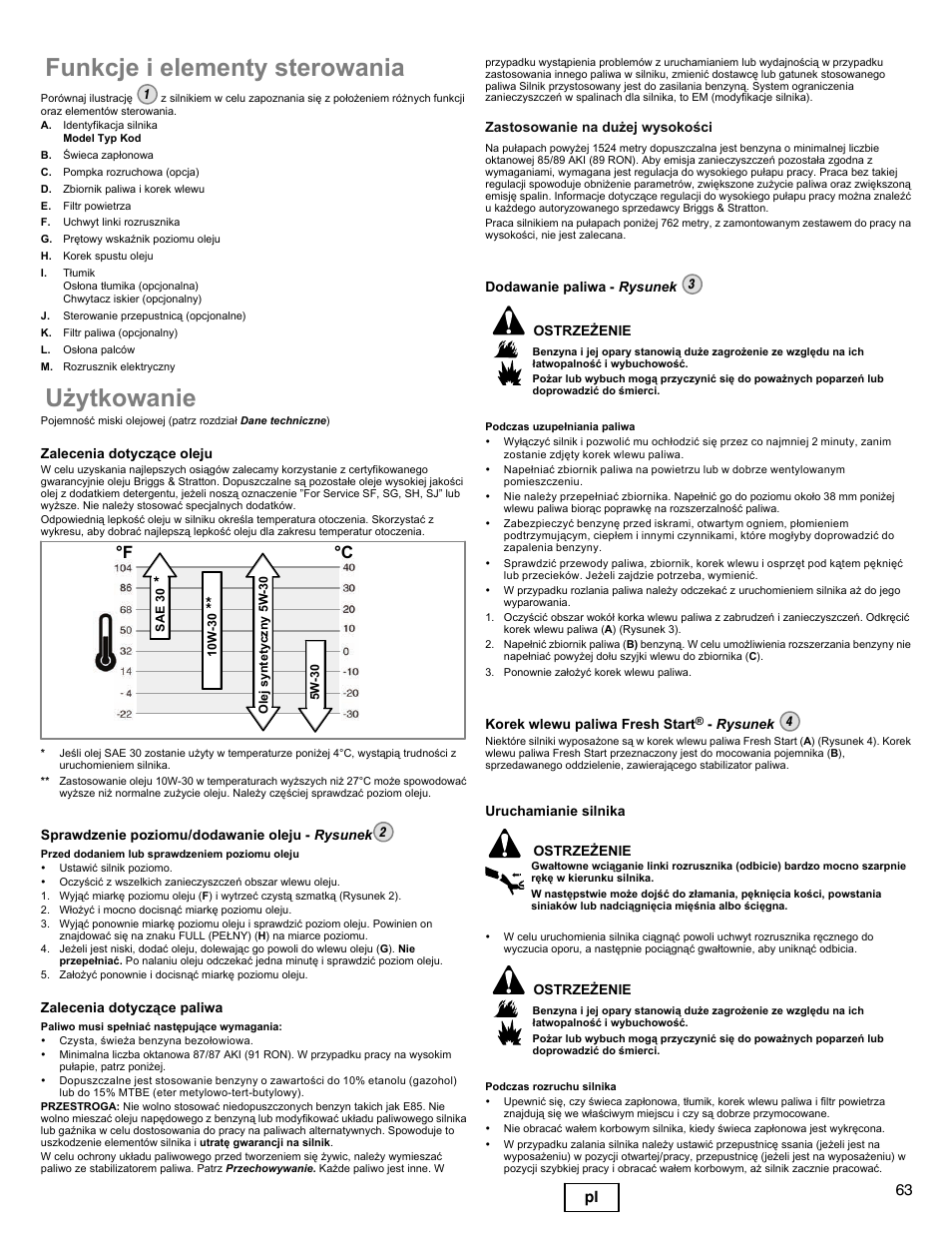 Funkcje i elementy sterowania, U¿ytkowanie, F °c | 63 pl | Briggs & Stratton DOV 100000 User Manual | Page 63 / 92