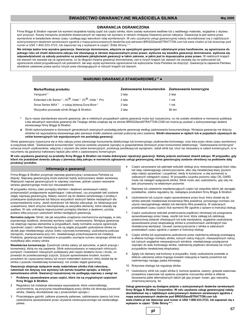 67 pl œwiadectwo gwarancyjne w£aœciciela silnika, Informacja o gwarancji | Briggs & Stratton DOV 100000 User Manual | Page 67 / 92