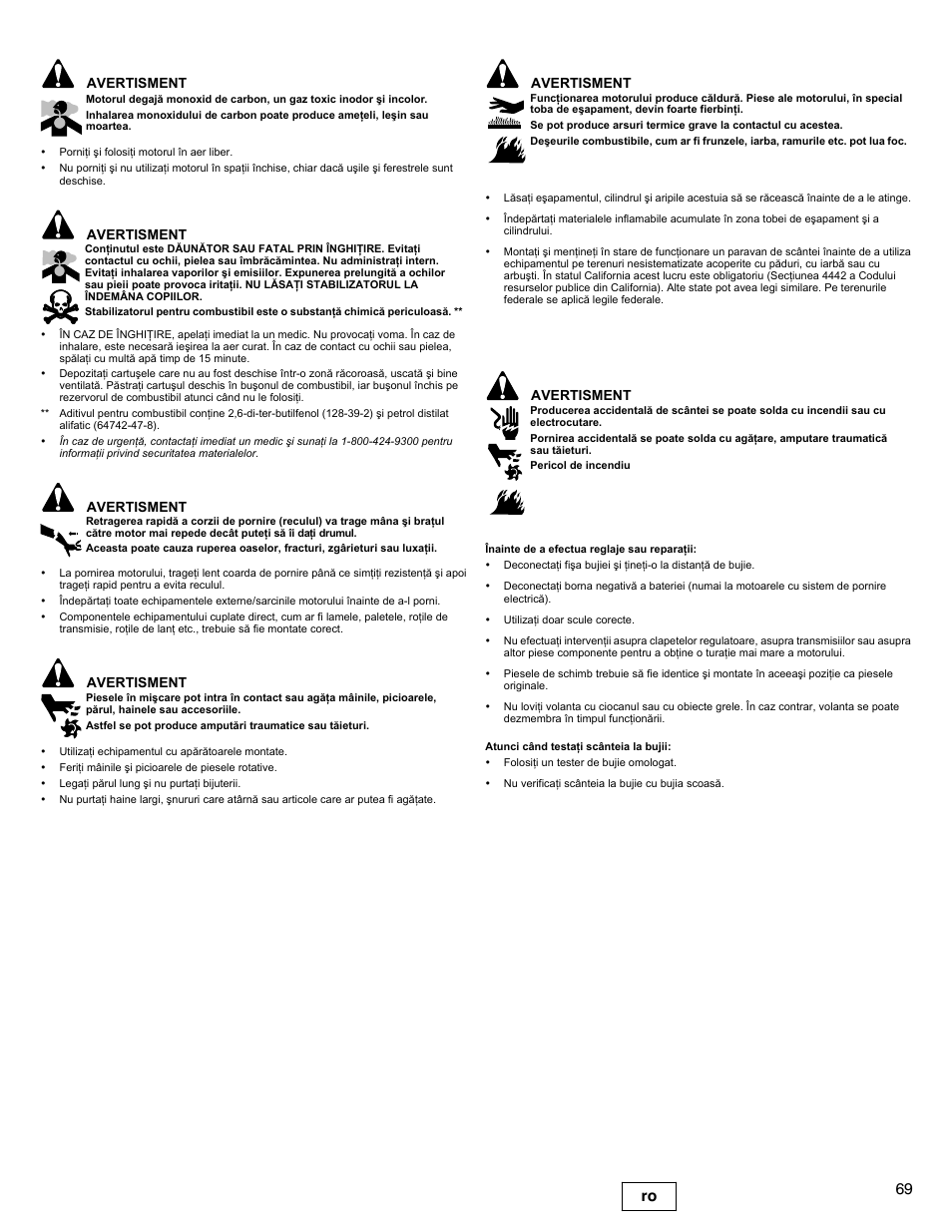 69 ro, Avertisment | Briggs & Stratton DOV 100000 User Manual | Page 69 / 92