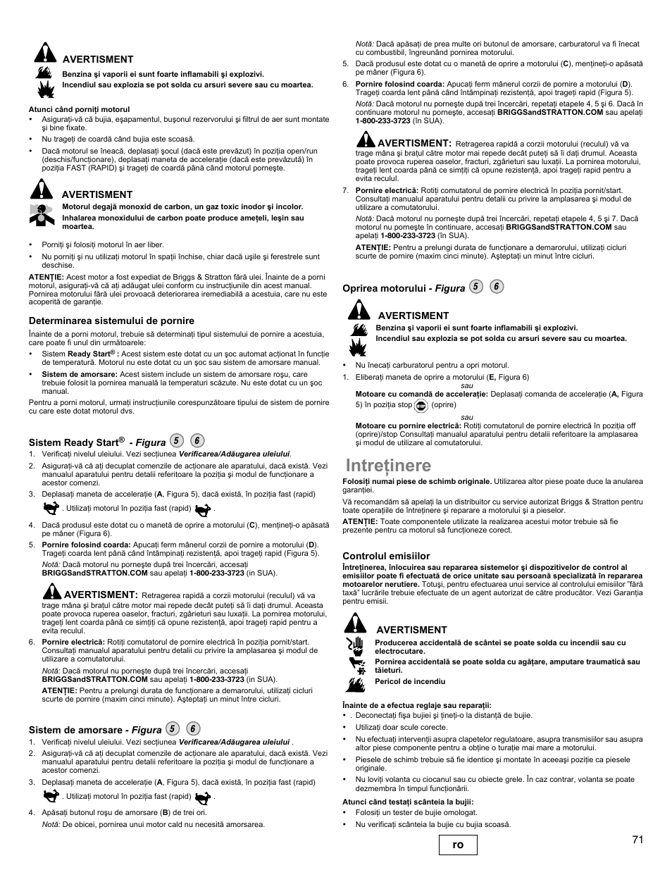 Întreþinere, 71 ro | Briggs & Stratton DOV 100000 User Manual | Page 71 / 92