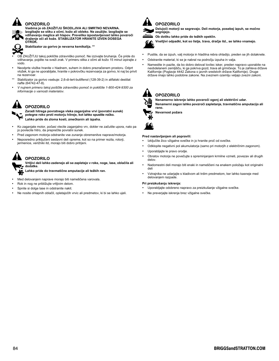Opozorilo | Briggs & Stratton DOV 100000 User Manual | Page 84 / 92