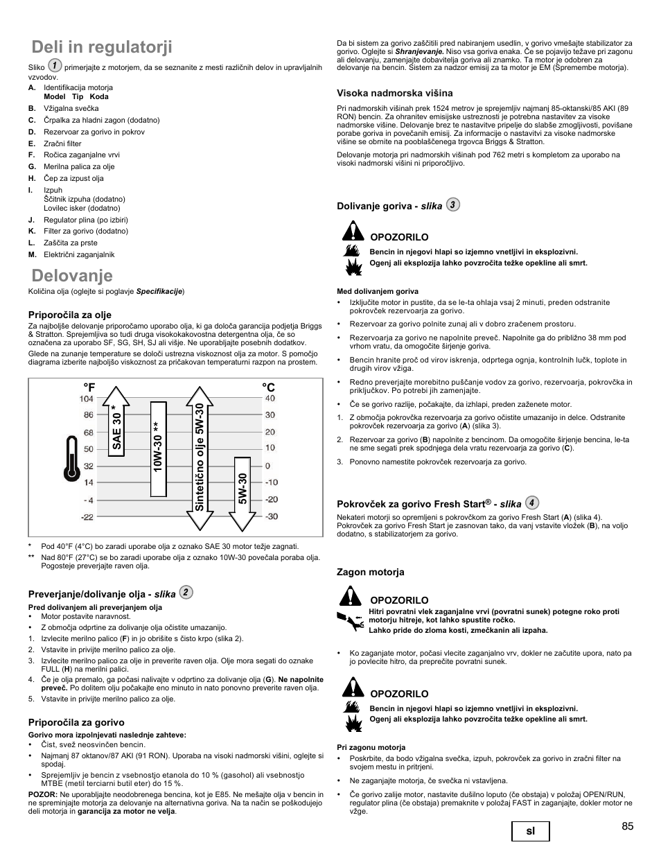 Deli in regulatorji, Delovanje, F °c | 85 sl | Briggs & Stratton DOV 100000 User Manual | Page 85 / 92