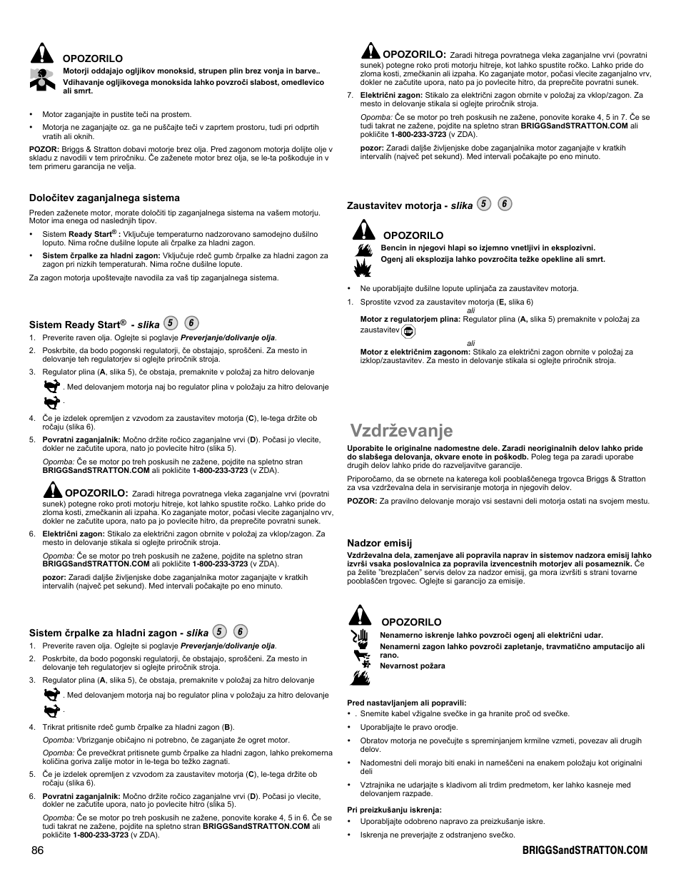 Vzdrževanje | Briggs & Stratton DOV 100000 User Manual | Page 86 / 92