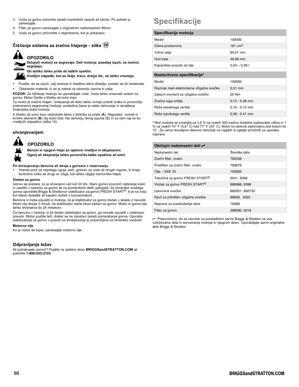 Specifikacije, Èišèenje sistema za zraèno hlajenje - slika 14, Opozorilo | Shranjevanjem opozorilo, Odpravljanje težav | Briggs & Stratton DOV 100000 User Manual | Page 88 / 92