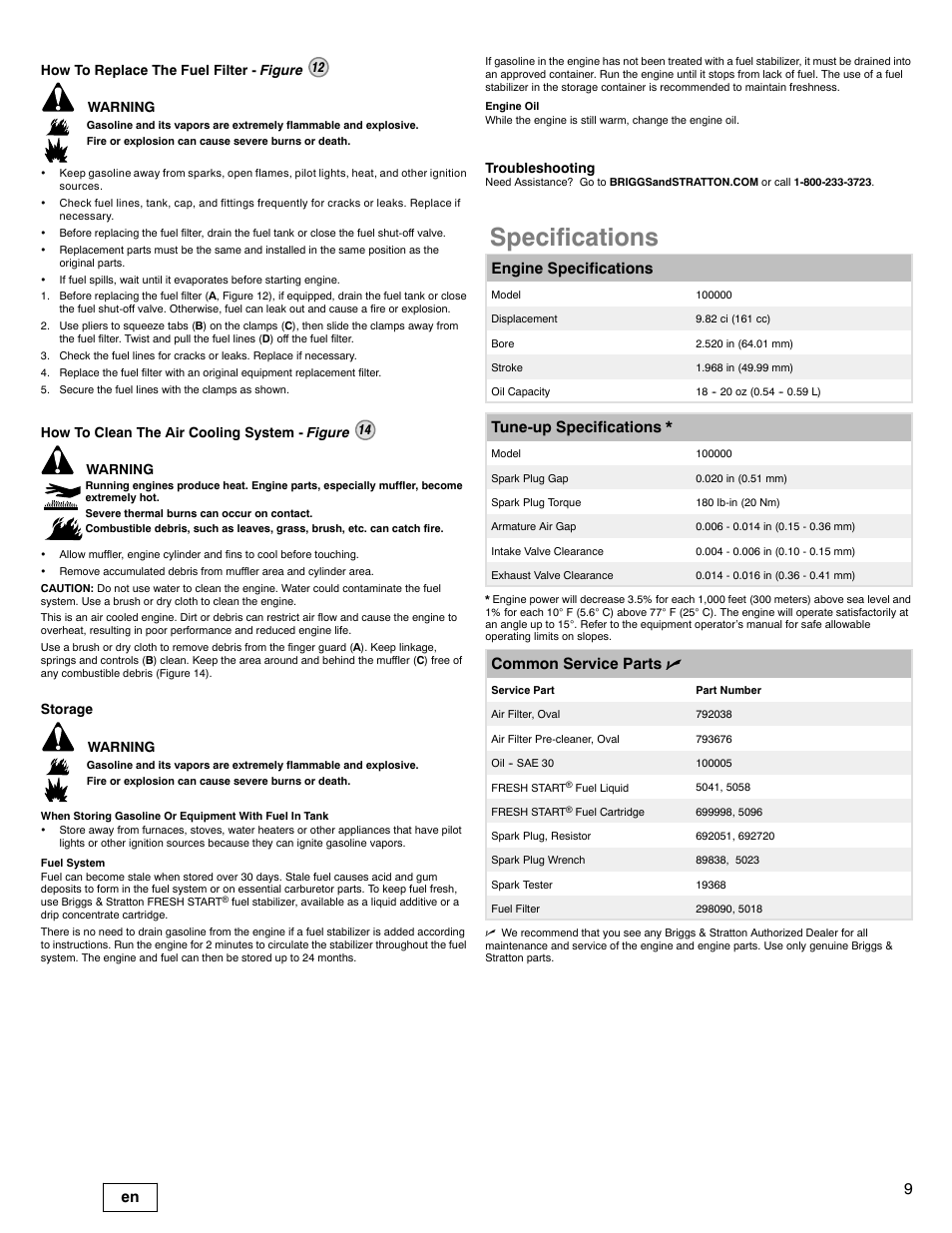 Specifications, Engine specifications, Tune-up specifications | Common service parts n, How to replace the fuel filter - figure 12 warning, How to clean the air cooling system - figure 14, Warning, Storage warning, Troubleshooting | Briggs & Stratton DOV 100000 User Manual | Page 9 / 92