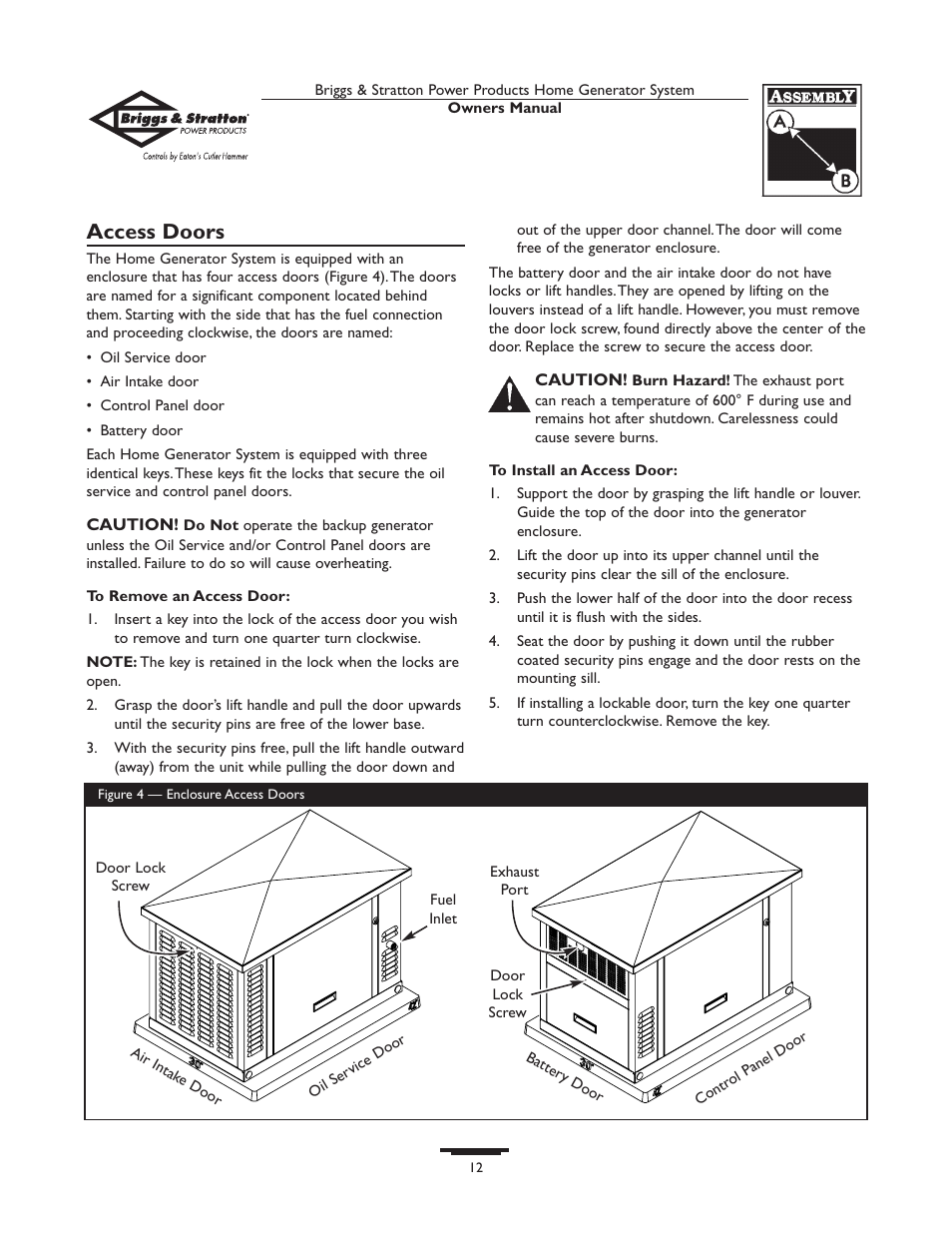 Before initial start-up, Engine oil, Oil considerations | Battery connection, Gaseous fuel system, The auto/off/manual switch, Access doors | Briggs & Stratton 190839GS User Manual | Page 12 / 72